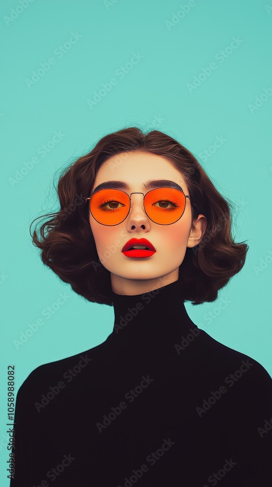Fashionable Woman with Red Lips and Orange Sunglasses Against a Turquoise Background Fashionable Woman with Red Lips and Orange Sunglasses Against a Turquoise Background