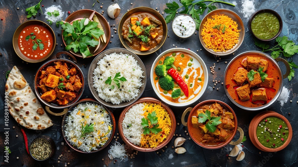 An assortment of Indian dishes including chicken curry, paneer, rice, naan bread, and various sauces and chutneys. An assortment of Indian dishes including chicken curry, paneer, rice, naan bread, and various sauces and chutneys.