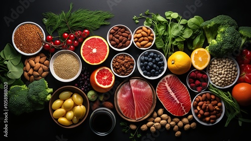 A variety of healthy foods arranged on a black surface, including salmon, almonds, blueberries, broccoli, and citrus fruits.