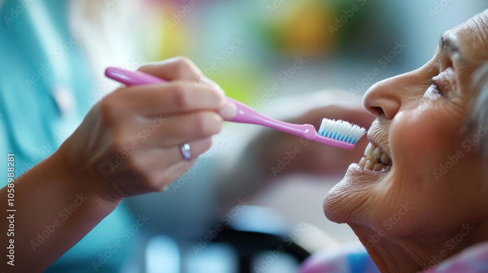 Caregiver Assisting with Daily Oral Hygiene Routine Caregiver Assisting with Daily Oral Hygiene Routine