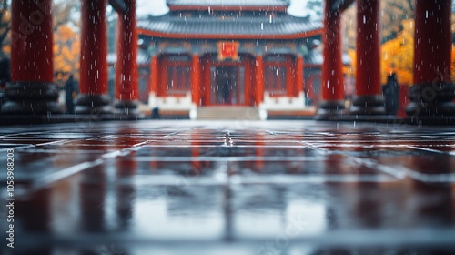 Traditional Chinese Architecture with Platform, Road, and Parking Area on Brick Surface for Automotive Advertisement Featuring Blank Background photo