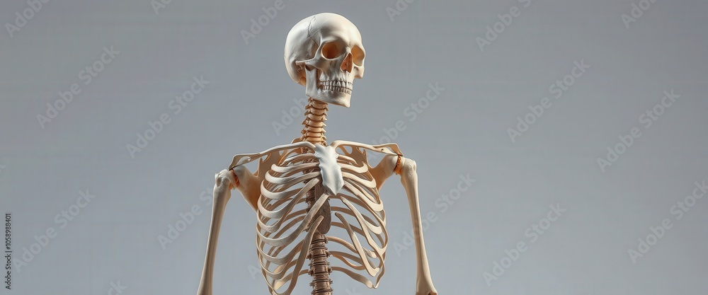 Human Skeleton Anatomy Ribcage Skull and Bones on Grey Background Human Skeleton Anatomy Ribcage Skull and Bones on Grey Background
