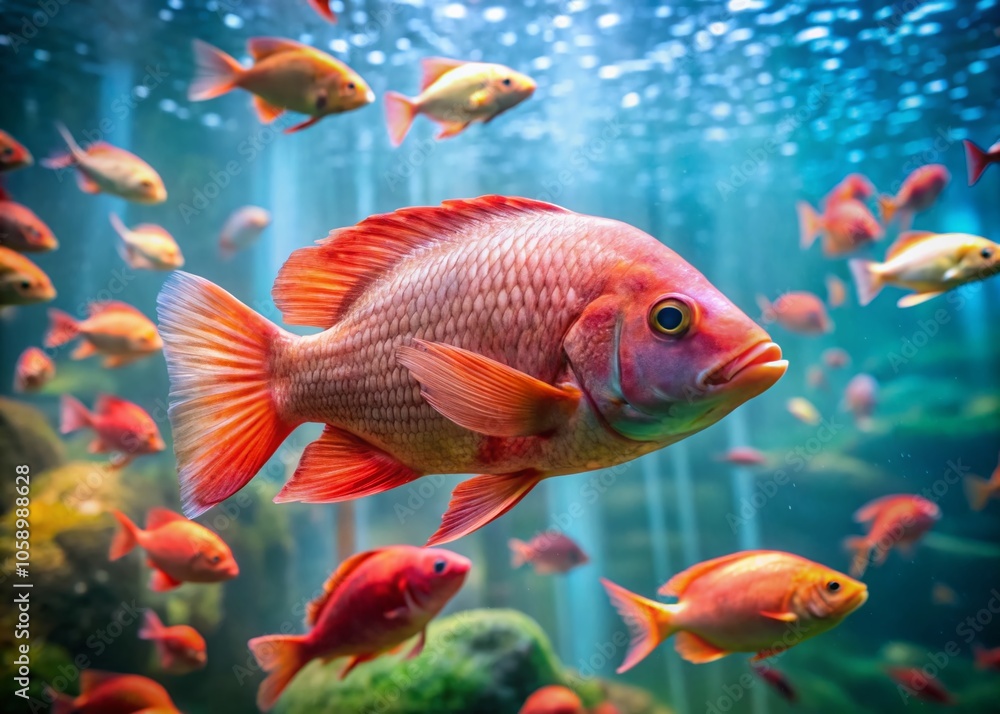 Fototapeta premium Explore the wondrous world of mini tilapia, a tilt-shift aquaponics wonderland.
