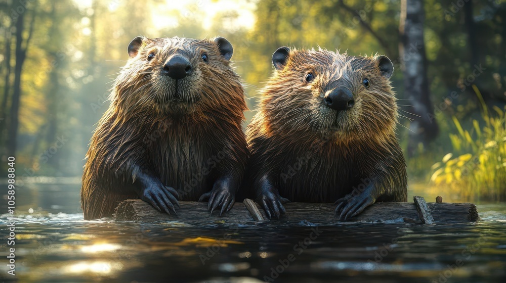 two beavers working together, focused on building a dam, showcasing teamwork and awareness in a serene natural setting with flowing water and surrounding greenery two beavers working together, focused on building a dam, showcasing teamwork and awareness in a serene natural setting with flowing water and surrounding greenery