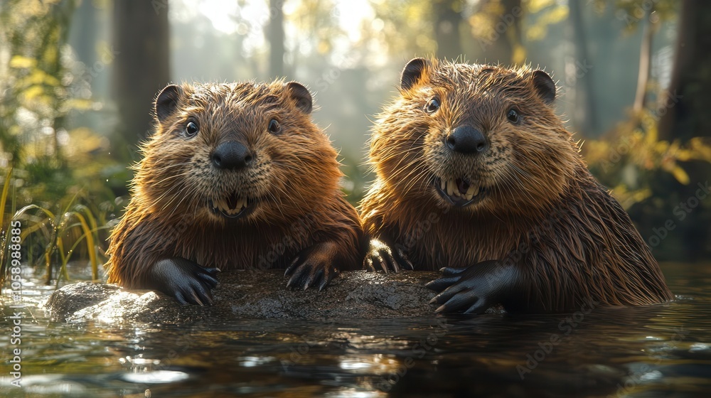 two beavers working together, focused on building a dam, showcasing teamwork and awareness in a serene natural setting with flowing water and surrounding greenery two beavers working together, focused on building a dam, showcasing teamwork and awareness in a serene natural setting with flowing water and surrounding greenery
