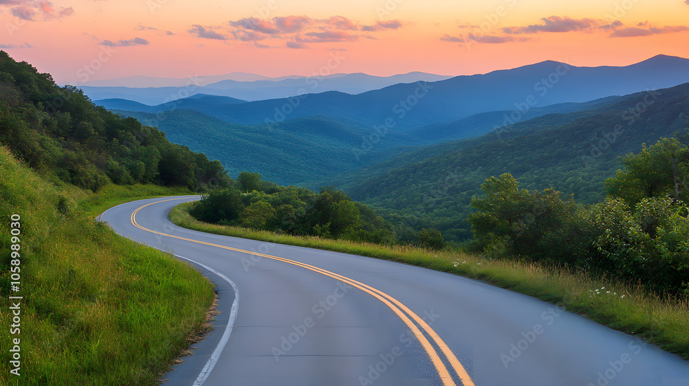 Beautiful mountain road with green grass at sunset Beautiful mountain road with green grass at sunset