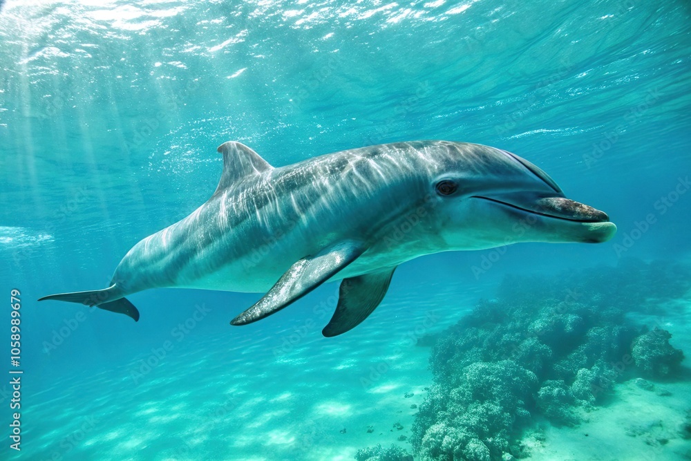 Fototapeta premium A single dolphin swimming gracefully in a clear water