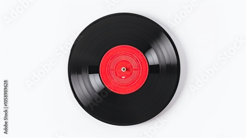 A black vinyl record with a red label on a white background.