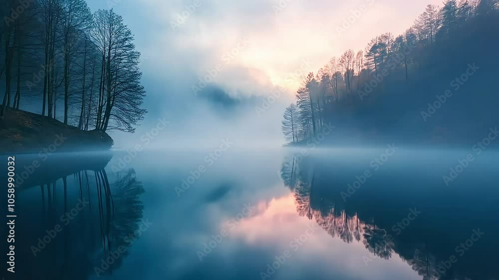 A serene landscape featuring a misty lake at dawn, surrounded by trees, with soft reflections and gentle colors, creating a tranquil atmosphere. A serene landscape featuring a misty lake at dawn, surrounded by trees, with soft reflections and gentle colors, creating a tranquil atmosphere.