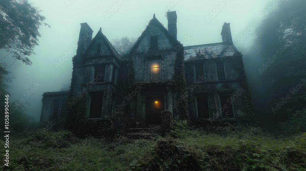 An erie, abandoned mansion shrouded in mist, with overgrown ivy crawling up the walls and a single light flickering in a distant window. An erie, abandoned mansion shrouded in mist, with overgrown ivy crawling up the walls and a single light flickering in a distant window.