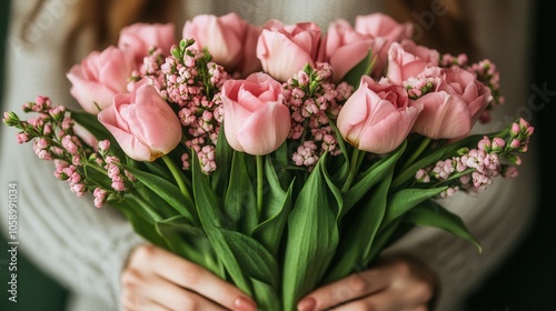 A person cradles a vibrant bouquet filled with pink tulips and delicate flowers, showcasing the beauty of spring blooms. This warm setting highlights the joy of nature's colors and the charm of floral