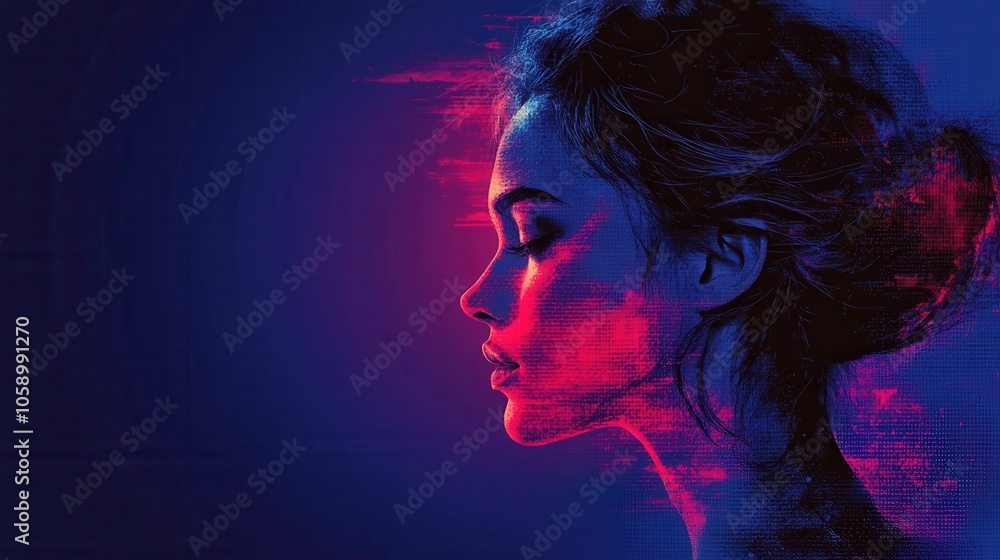 The profile of a woman is highlighted against a rich, colored background. Soft hues of blue and pink blend together, creating an artistic effect that emphasizes her calm expression and graceful featur The profile of a woman is highlighted against a rich, colored background. Soft hues of blue and pink blend together, creating an artistic effect that emphasizes her calm expression and graceful featur