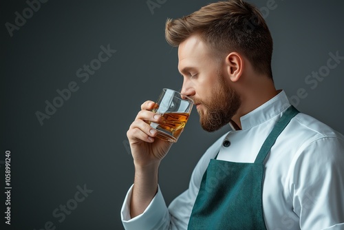 A man in a chef's uniform takes a sip of whiskey