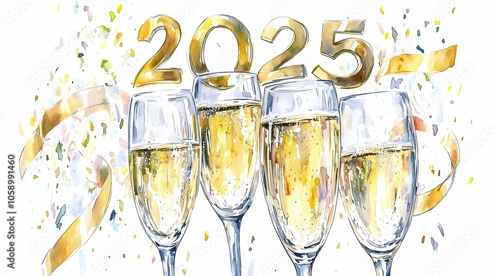 watercolor illustration, champagne glasses are clinking together in a joyous toast, surrounded by golden ribbons and shimmering tinsel watercolor illustration, champagne glasses are clinking together in a joyous toast, surrounded by golden ribbons and shimmering tinsel