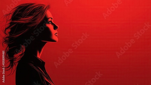 A striking profile of a woman is highlighted against a bold red backdrop, capturing a moment of serene contemplation. The vibrant color creates an intense atmosphere, emphasizing her features and eleg