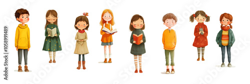 A set of full body illustrations of cute elementary school kids isolated on white. A watercolor collection of different cartoon characters. Boys and girls clip art. AI-generated