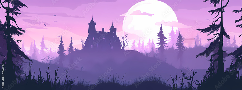 A purple Halloween background with a full moon, haunted house, and dead trees in the foggy night sky A purple Halloween background with a full moon, haunted house, and dead trees in the foggy night sky