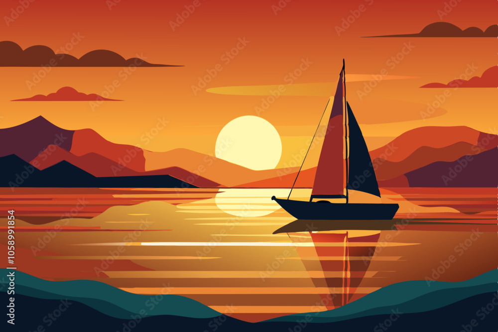 Naklejka premium Sailboat Vector on Calm Waters at Sunset
