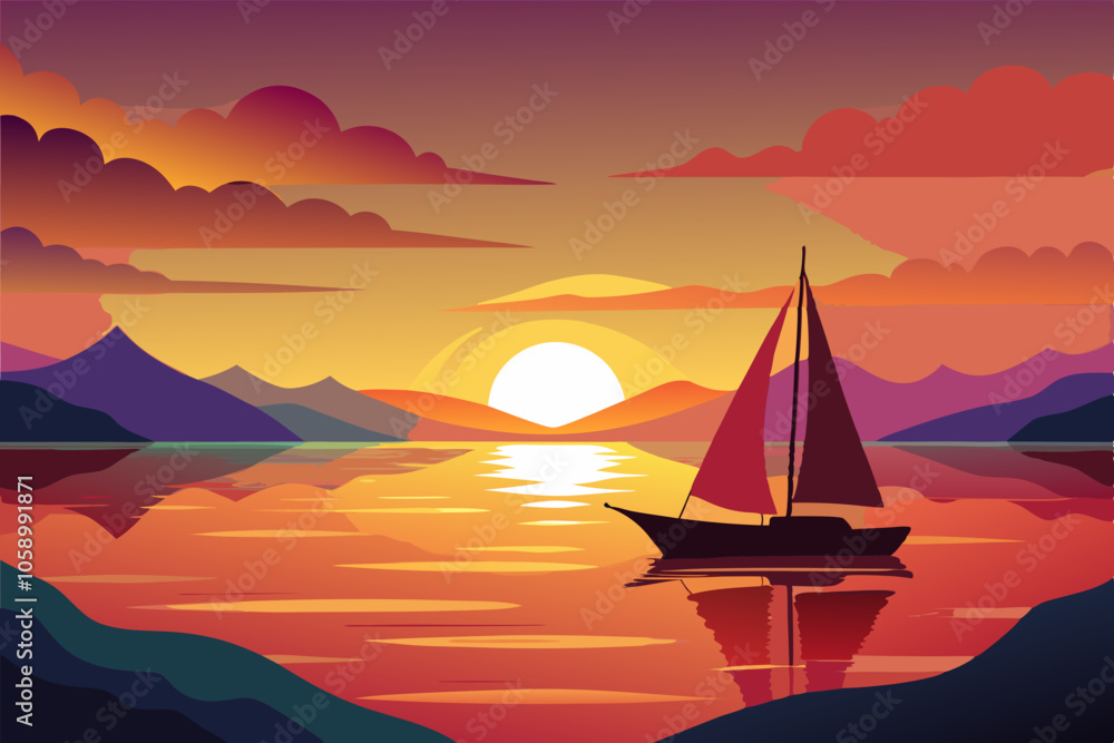 Fototapeta premium Sailboat Vector on Calm Waters at Sunset