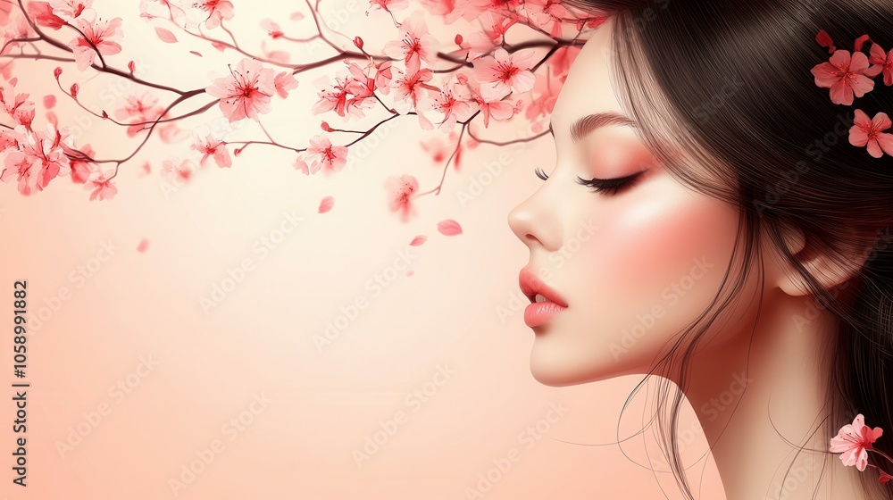 A woman gazes thoughtfully to the side, her profile elegantly framed by delicate cherry blossoms. The soft pink background enhances her features, creating a tranquil and captivating ambiance perfect f A woman gazes thoughtfully to the side, her profile elegantly framed by delicate cherry blossoms. The soft pink background enhances her features, creating a tranquil and captivating ambiance perfect f