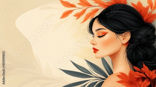 A graceful woman with long, dark hair poses with her profile visible, adorned by vibrant orange leaves. The warm tones of her makeup harmonize beautifully with the autumnal backdrop, creating a calmin photo