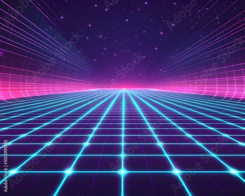 Retro 80s inspired Neon Grid Pattern with Vaporwave Aesthetic Digital Background