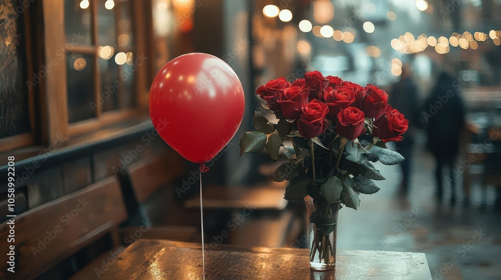 valentine's day table setting features a bouquet of red roses next to a red balloon, surrounded by sparkles that enhance the romantic atmosphere. the composition is warm and inviting, perfect for love valentine's day table setting features a bouquet of red roses next to a red balloon, surrounded by sparkles that enhance the romantic atmosphere. the composition is warm and inviting, perfect for love