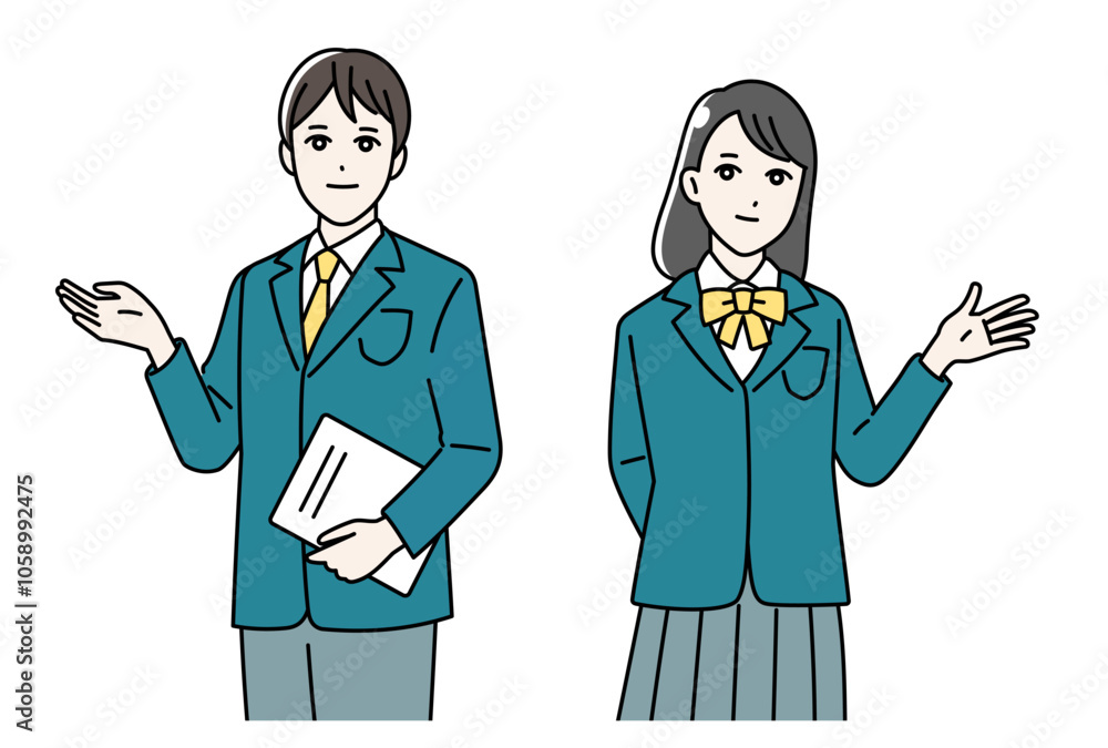 Fototapeta premium 制服を着て案内をする学生のイラスト