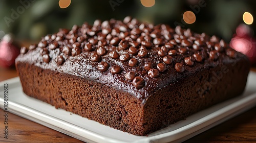 Decadent chocolate cake topped with rich chocolate chips on a festive plate photo