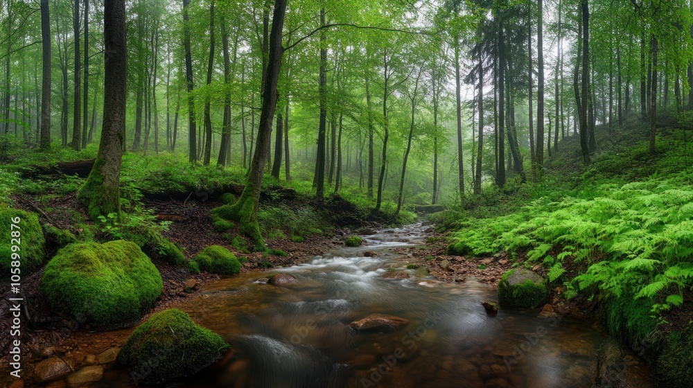 Fototapeta premium A misty forest stream flows through a lush green forest with moss-covered rocks and ferns along the banks.