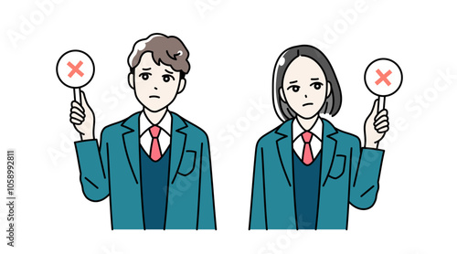 まるばつ札をあげる高校生の男女のイラスト