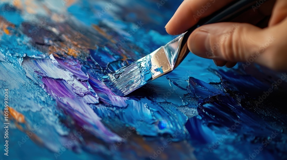 Fototapeta premium Close-Up of an Artist Hand Using Brush on Canvas