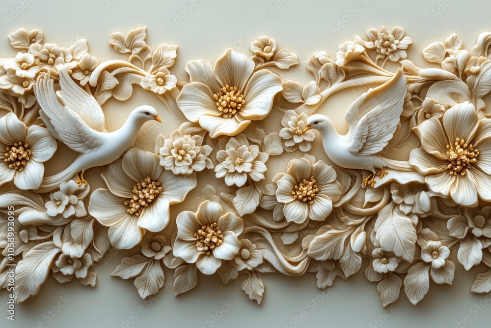 A stucco relief depicting swans, peacocks, or other graceful birds A stucco relief depicting swans, peacocks, or other graceful birds