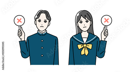 まるばつ札をあげる高校生の男女のイラスト