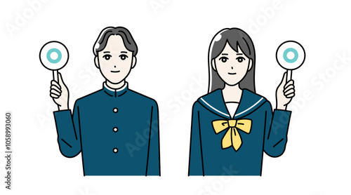 まるばつ札をあげる高校生の男女のイラスト