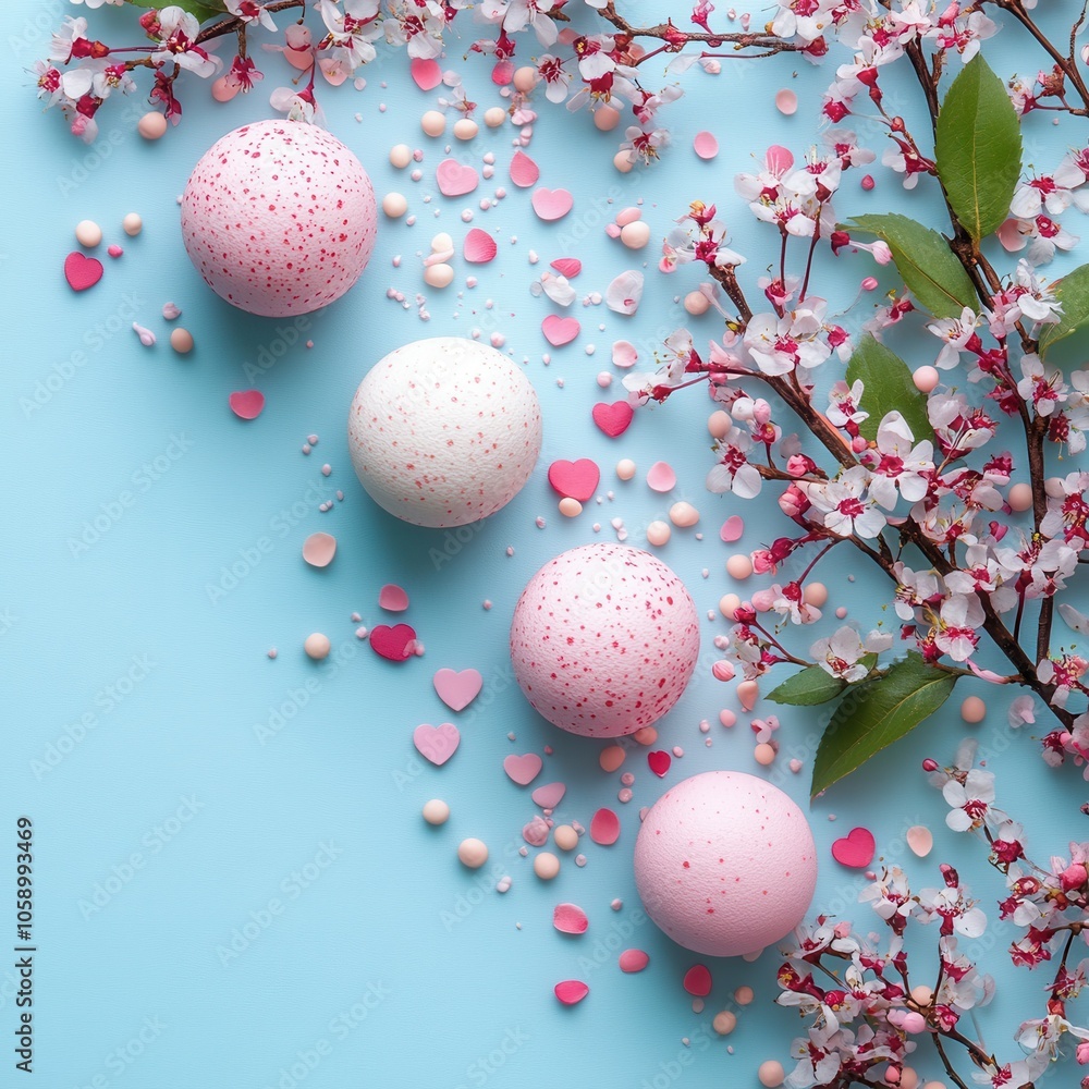 Brightly colored bath bombs in shades of pink and white are artistically arranged alongside delicate cherry blossom petals. Small heart-shaped decorations add a playful touch to the pleasing compositi Brightly colored bath bombs in shades of pink and white are artistically arranged alongside delicate cherry blossom petals. Small heart-shaped decorations add a playful touch to the pleasing compositi