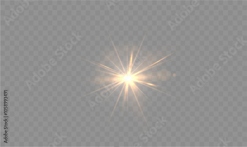 Light yellow star. Light sunny sparkle. White light flash gold. Vector illustrator. lighting effects. Beam a spotlight and a star with bokeh and dust. Glowing abstract isolated lenses with light effec