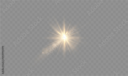 Light yellow star. Light sunny sparkle. White light flash gold. Vector illustrator. lighting effects. Beam a spotlight and a star with bokeh and dust. Glowing abstract isolated lenses with light effec