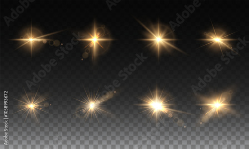 Light yellow star. Light sunny sparkle. White light flash gold. Vector illustrator. lighting effects. Beam a spotlight and a star with bokeh and dust. Glowing abstract isolated lenses with light effec