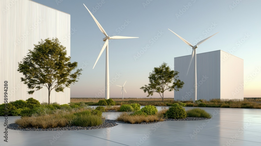 Modern Wind Turbines near Green Buildings Modern Wind Turbines near Green Buildings