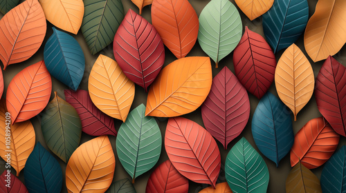 Colorful assortment of overlapping paper leaves in autumn-inspired shades including orange, red, green, and blue. The leaves are intricately designed with visible veins.