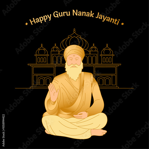 An illustration for Guru Nanak Jayanti, showing Guru Nanak with a gurdwara outline in gold on a black background.