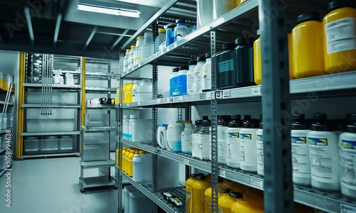 A storage area filled with various chemical containers and supplies on metal shelves.