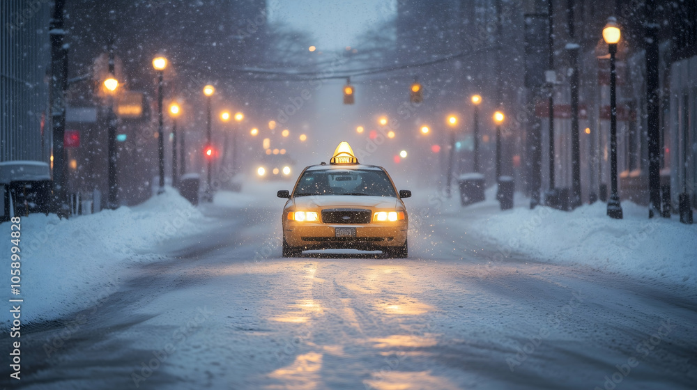 a quiet city street in the evening, where a lone taxi navigates through a heavy snowstorm.