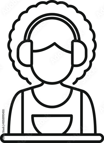 Cleaning lady wearing headphones and holding cleaning products, cleaning service line icon