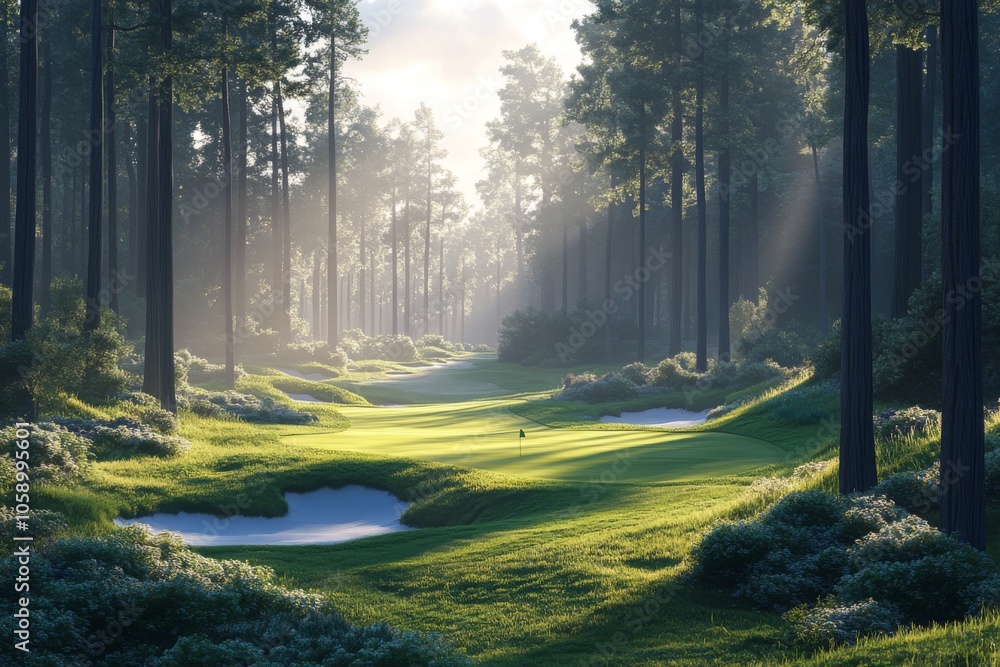 Obraz premium Golf Course Green with Sunbeams Through Trees