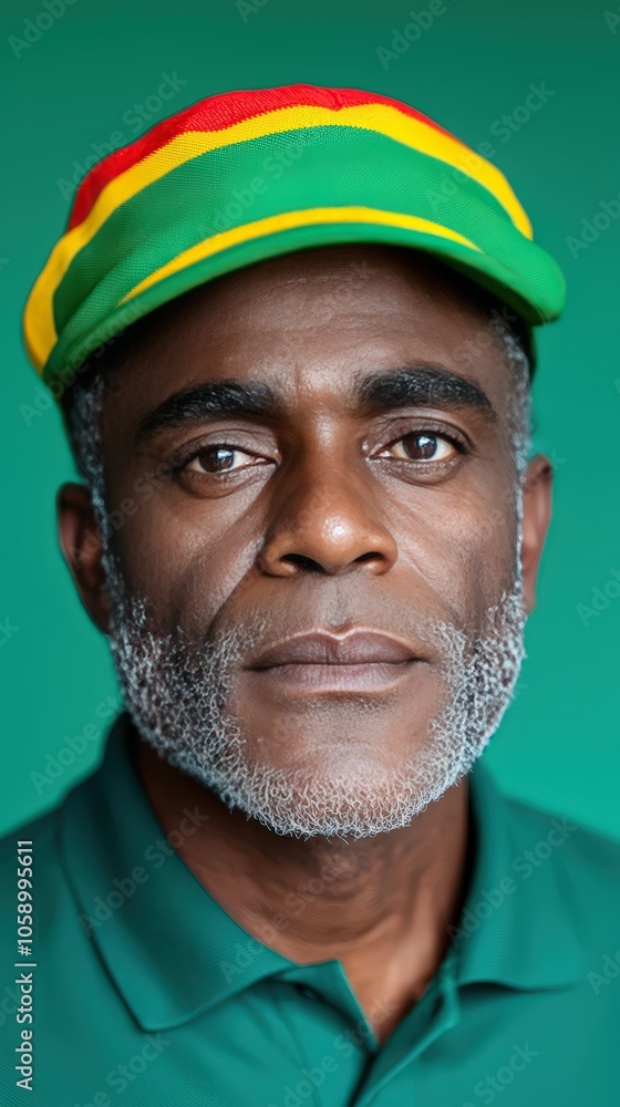 Portrait of a Confident Rastafarian Man with Green Cap and Teal Shirt Portrait of a Confident Rastafarian Man with Green Cap and Teal Shirt