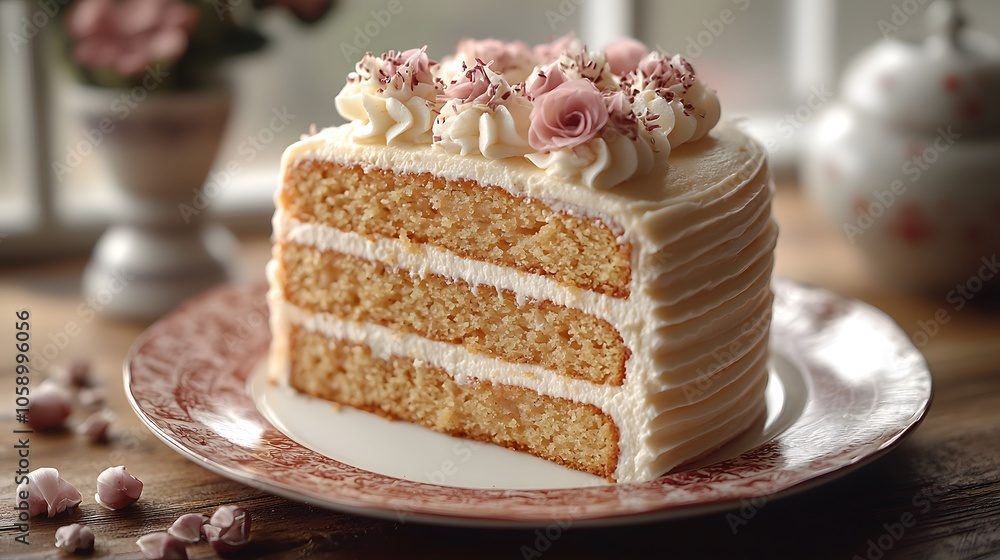 Elegant vanilla layer cake with floral decoration on vintage plate Elegant vanilla layer cake with floral decoration on vintage plate