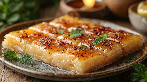 Traditional turkish dessert with caramelized honey and mint garnish on rustic plate photo