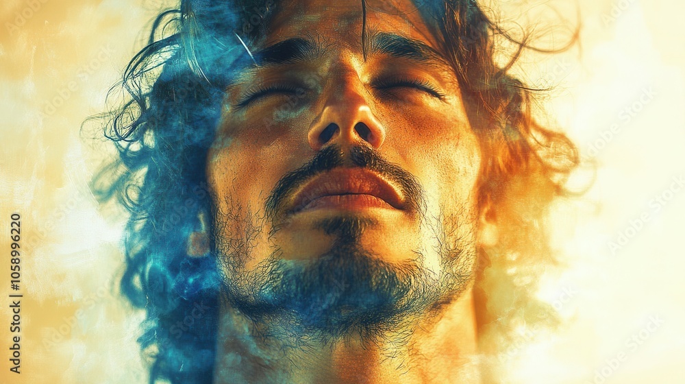 A young man with curly hair closes his eyes, soaking in a moment of introspection and serenity. The warm, glowing background enhances the peaceful atmosphere, inviting a sense of calm and contemplatio A young man with curly hair closes his eyes, soaking in a moment of introspection and serenity. The warm, glowing background enhances the peaceful atmosphere, inviting a sense of calm and contemplatio